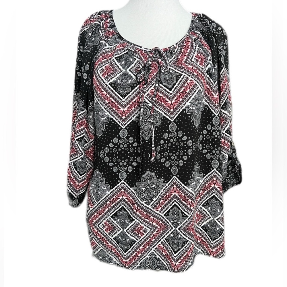 Espresso blouse, size 1X Neutral colors abstract roll up sleeves loose fit EUC - Picture 1 of 9